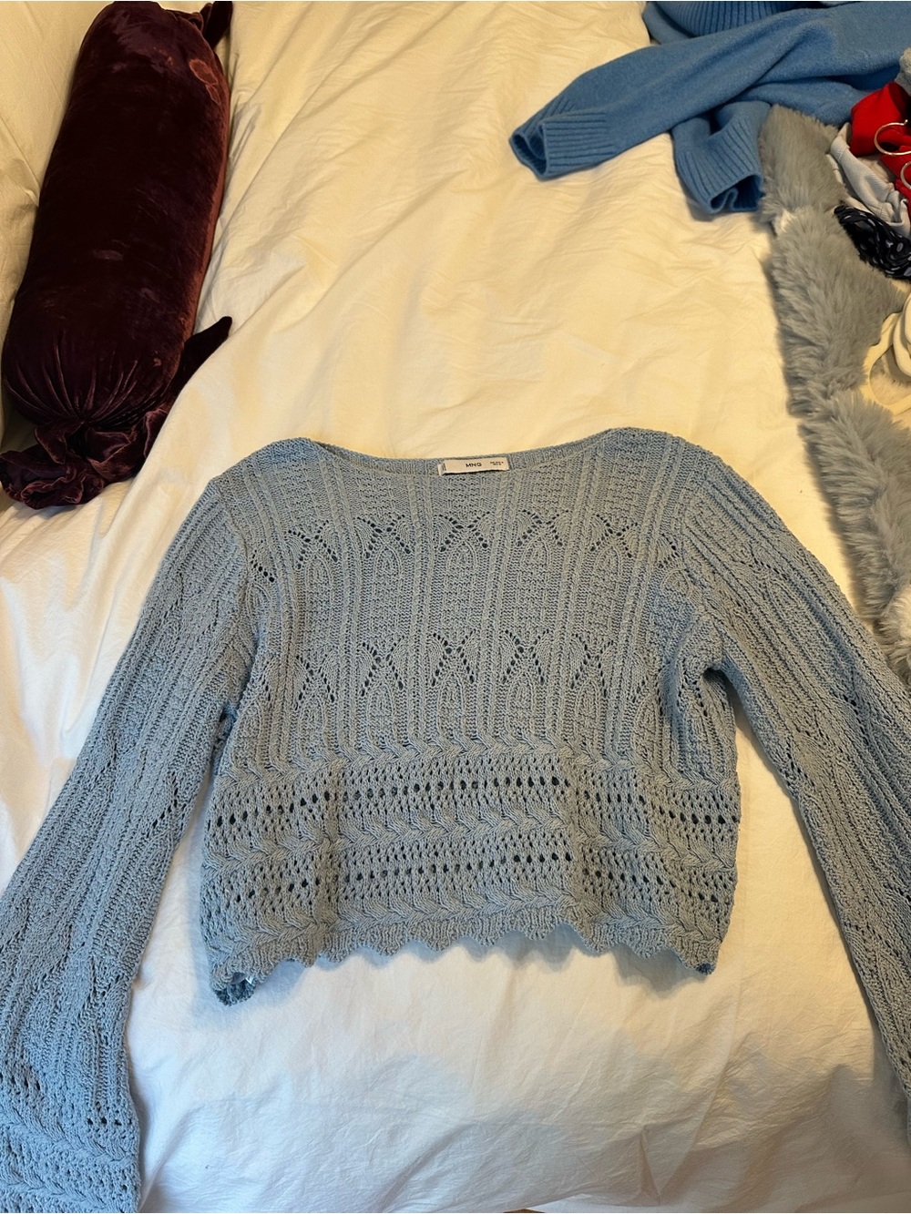 Light Blue Crochet Knit Women's Sweater - Mango